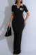 Black Elegant Letters Contrast Turndown Collar Long Dresses