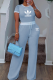 Sky Blue Casual Letters Draw String Contrast O Neck Short Sleeve Two Pieces