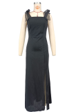 Black Elegant Solid Color Slit Mesh Spaghetti Strap Long Dresses