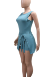 Blue Casual Solid Color Strap Design O Neck Sleeveless Two Pieces