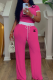 Rose Red Casual Letters Draw String Contrast O Neck Short Sleeve Two Pieces
