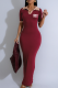 Burgundy Elegant Letters Contrast Turndown Collar Long Dresses
