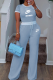 Sky Blue Casual Letters Contrast O Neck Short Sleeve Two Pieces