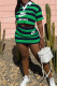 Green Casual Stripe Contrast Turndown Collar Short Sleeve Two Pieces