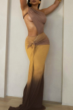 Red Sexy Gradient Color Hollow Out Asymmetrical Collar Evening Dresses