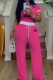 Rose Red Casual Letters Draw String Contrast O Neck Short Sleeve Two Pieces