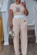 Cream White Casual Letters Draw String Contrast O Neck Short Sleeve Two Pieces