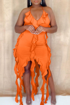 Orange Sexy Solid Color Fringed Trim Stringy Selvedge Spaghetti Strap Irregular Dresses