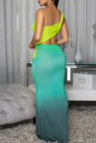 Red Sexy Gradient Color Hollow Out Asymmetrical Collar Evening Dresses
