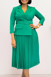 Green Elegant Solid Color With Belt Pleated Turndown Collar Long Dresses