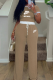 Khaki Casual Letters Contrast O Neck Short Sleeve Two Pieces