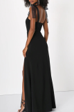Black Elegant Solid Color Slit Mesh Spaghetti Strap Long Dresses