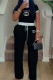 Black Casual Letters Draw String Contrast O Neck Short Sleeve Two Pieces