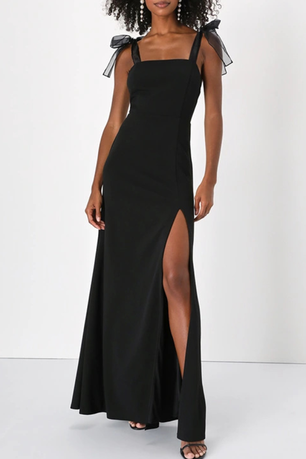 Black Elegant Solid Color Slit Mesh Spaghetti Strap Long Dresses
