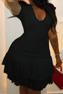 Black Elegant Solid Color Ruched U Neck Cake Skirt Dresses