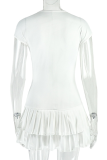 White Elegant Solid Color Ruched U Neck Cake Skirt Dresses