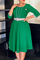 Green Elegant Solid Color With Belt O Neck Long Dresses