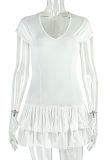 White Elegant Solid Color Ruched U Neck Cake Skirt Dresses