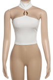 Black Sexy Solid Color Metal Accessories Trim O Neck Tops