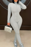 Grey Casual Sportswear Solid Color Zipper Turtleneck Skinny Jumpsuits