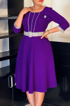 Purple Elegant Solid Color With Belt O Neck Long Dresses