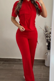 Red Casual Solid Color Pocket Hooded Short Sleeve Two Pieces