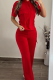 Red Casual Solid Color Pocket Hooded Short Sleeve Two Pieces