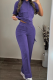 Purplish Blue Casual Solid Color Pocket Hooded Short Sleeve Two Pieces