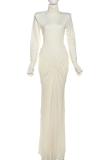 Light Apricot Elegant Solid Color Backless Ruched Turtleneck Evening Dresses
