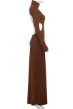 Light Apricot Elegant Solid Color Backless Ruched Turtleneck Evening Dresses