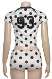 White Casual Polka Dot Contrast V Neck Short Sleeve Two Pieces