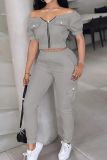 Silver Gray Casual Solid Color Zipper Off Shoulder Short Sleeve Two Pieces