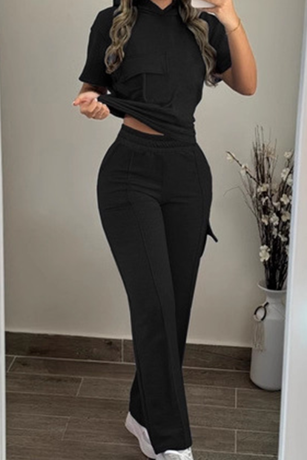 Black Casual Solid Color Pocket Hooded Short Sleeve Two Pieces