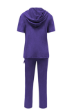 Red Casual Solid Color Pocket Hooded Short Sleeve Two Pieces