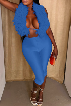 Blue Casual Solid Color Backless Deep V Neck Sleeveless Two Pieces