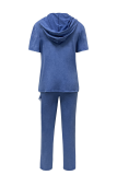 Red Casual Solid Color Pocket Hooded Short Sleeve Two Pieces