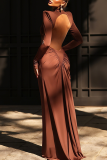 Light Apricot Elegant Solid Color Backless Ruched Turtleneck Evening Dresses