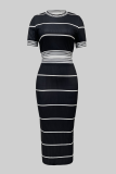 Black Casual Stripe O Neck Short Sleeve Two Pieces