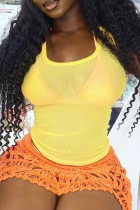 Yellow Sexy Solid Color See-Through Square Neck Tops