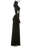 Light Apricot Elegant Solid Color Backless Ruched Turtleneck Evening Dresses