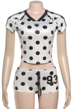 White Casual Polka Dot Contrast V Neck Short Sleeve Two Pieces