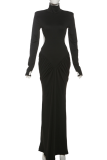 Light Apricot Elegant Solid Color Backless Ruched Turtleneck Evening Dresses