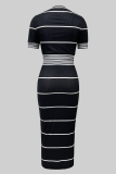 Black Casual Stripe O Neck Short Sleeve Two Pieces