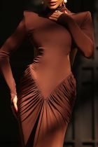 Brown Elegant Solid Color Backless Ruched Turtleneck Evening Dresses