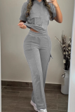 Red Casual Solid Color Pocket Hooded Short Sleeve Two Pieces