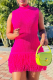 Rose Red Sexy Solid Color Fringed Trim O Neck Wrapped Skirt Dresses