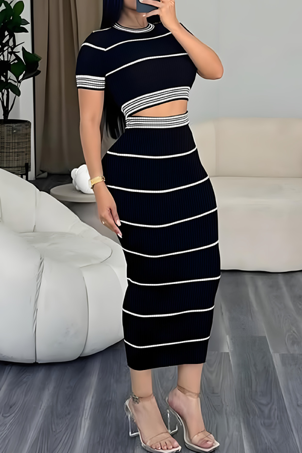Black Casual Stripe O Neck Short Sleeve Two Pieces