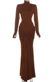 Light Apricot Elegant Solid Color Backless Ruched Turtleneck Evening Dresses