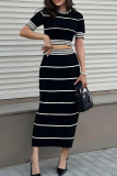 Black Casual Stripe O Neck Short Sleeve Two Pieces