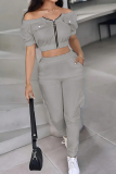 Silver Gray Casual Solid Color Zipper Off Shoulder Short Sleeve Two Pieces